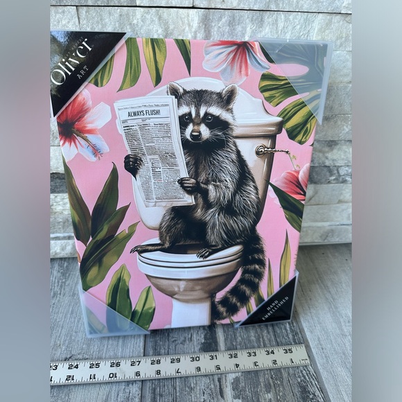 Raccoon on Toilet reading Paper “ Always Flush “  Bathroom Wall Art Home Decor - Picture 8 of 11